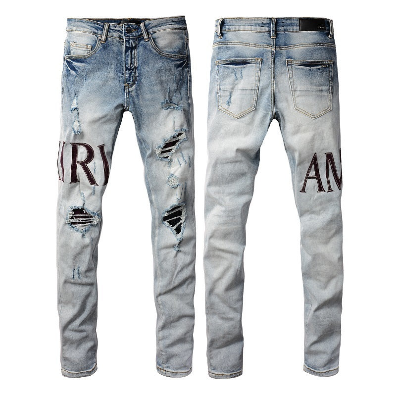 Pantalones vaqueros bordados con letras estilo callejero europeo y americano, vaqueros de alta costura para hombre, ajustados, con bajo pitillo #1301