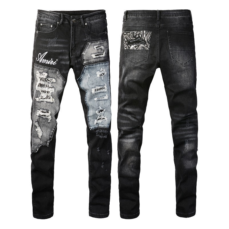 Vaqueros pitillo negros desgastados para hombre con detalles de patchwork 1322