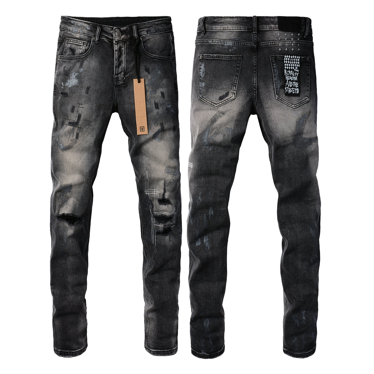 Jeans negros rotos estilo urbano con detalles de rodillas deshilachadas 3027