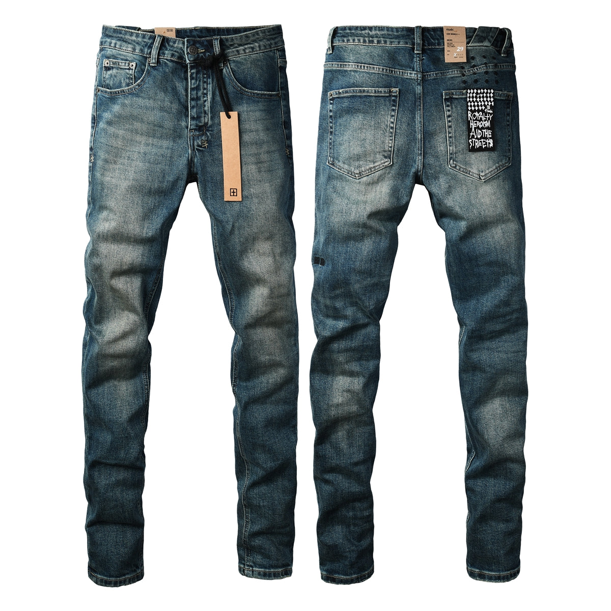 Vaqueros Streetwear para Hombre Azul Lavado Vintage con Aspecto Limpio y Parche Gráfico en Bolsillo Trasero 3033