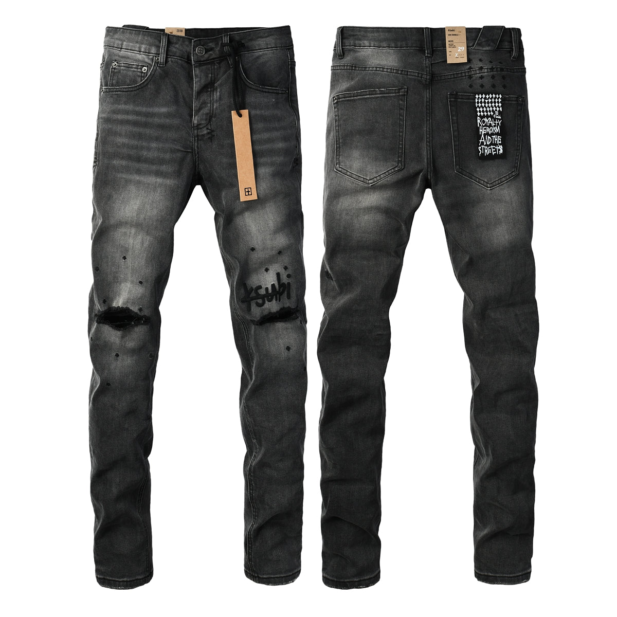 Pantalones vaqueros urbanos para hombre, negros lavados con rodillas rasgadas, salpicaduras de pintura y parche gráfico 3034