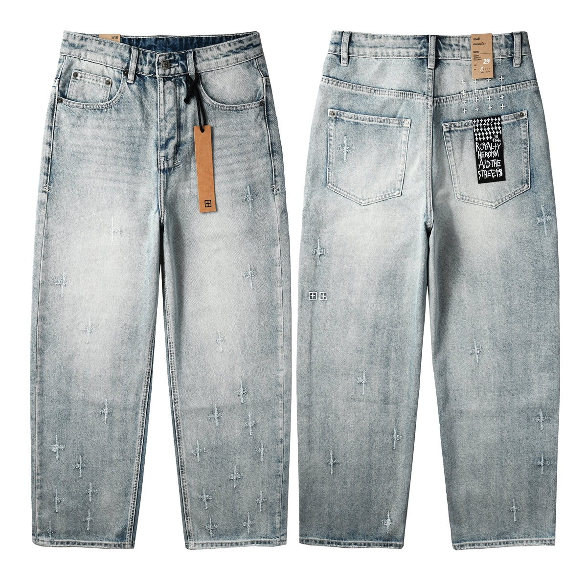 Men Streetwear Jeans Light Blue Washed with Cross Stitch Detail and Graphic Back Pocket Patch 3042