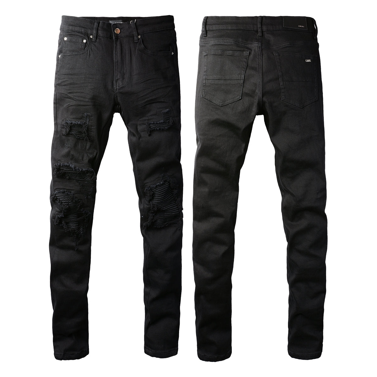 Jeans pitillo negros de hombre con paneles rasgados en capas y detalles de parches acanalados para un estilo urbano rudo (569-8569)