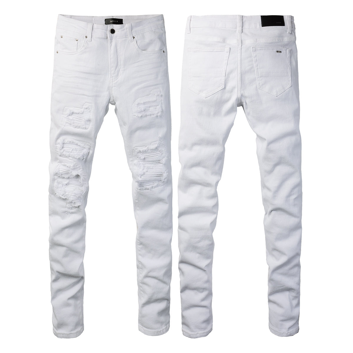 Men’s White Slim Fit Ripped Jeans with Layered Patchwork Distressing for a Clean and Modern Summer Look 592
