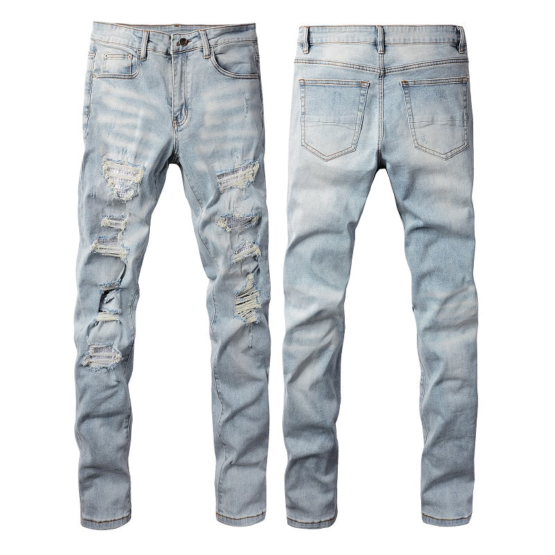 Foreign Trade High Street Denim Casual Trousers Micro-elastic Cotton Youth Blue Ripped Skinny Jeans 808