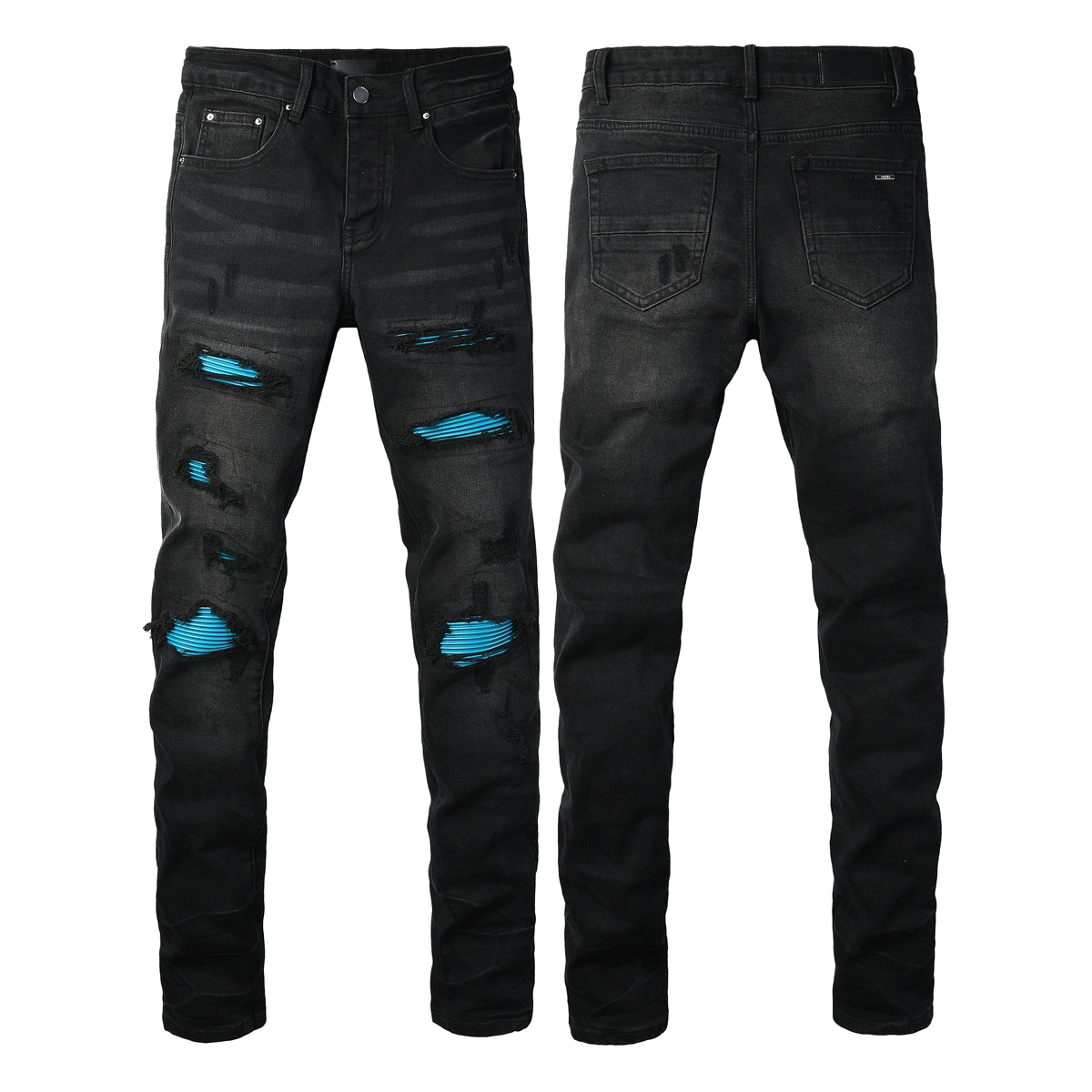 Men’s Black Distressed Skinny Jeans with Blue Ribbed Patchwork 8912