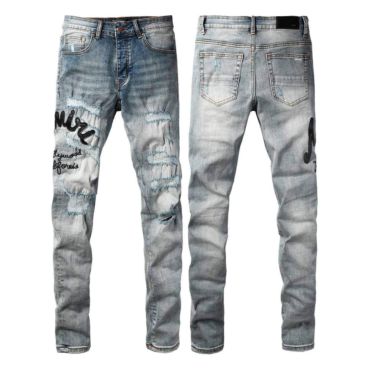 Vaqueros ajustados desgastados de lavado claro para hombre con letras bordadas estilo urbano Denim 8931