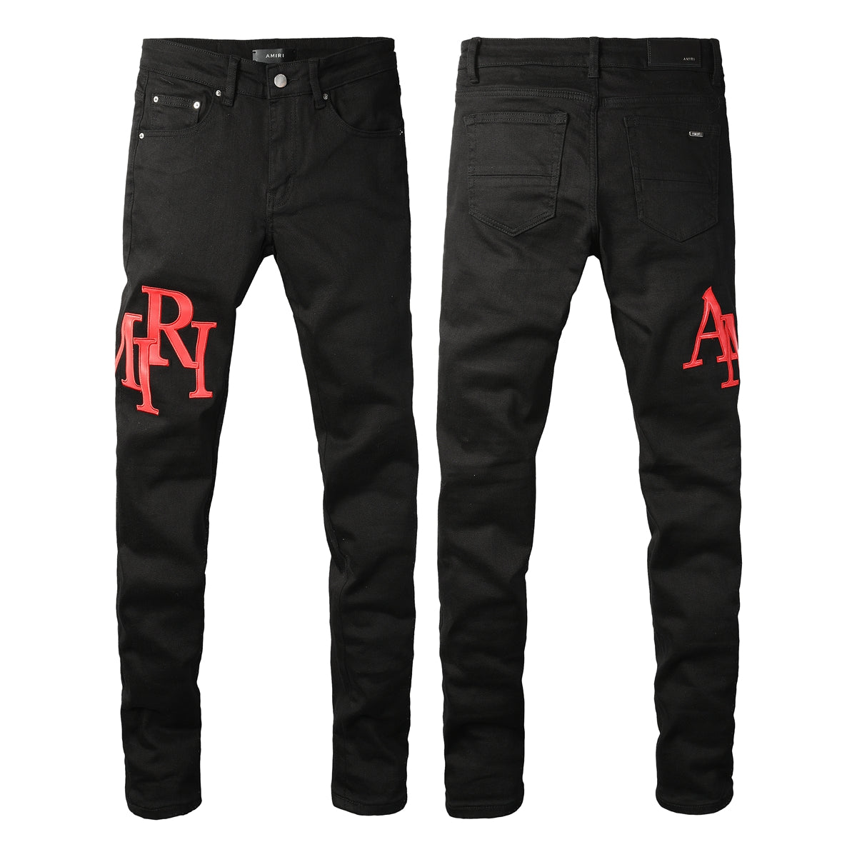 Vaqueros pitillo negros para hombre con bordado de letras rojas llamativas, estilo urbano minimalista, pantalones de mezclilla elásticos 893