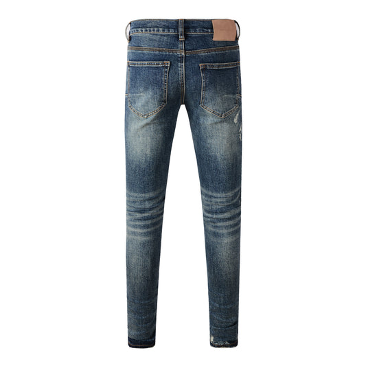 Men Classic Streetwear Jeans Distressed Dark Blue Ripped Skinny 9096
