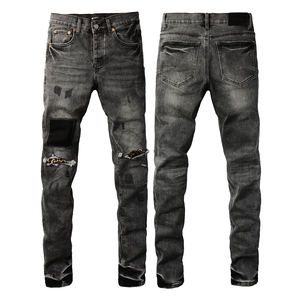 Men Streetwear Jeans Distressed Grey Ripped Patch Leopard Skinny 9102