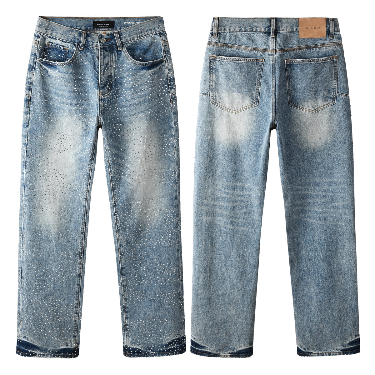 Rhinestone Decor Light Blue Denim Jeans Men Straight Leg Stylish Pants 9137