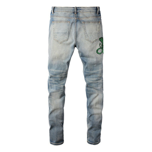 6561 Tide Embroidered Cobra Ripped Patch Jeans Stretch Slim High Street Jeans