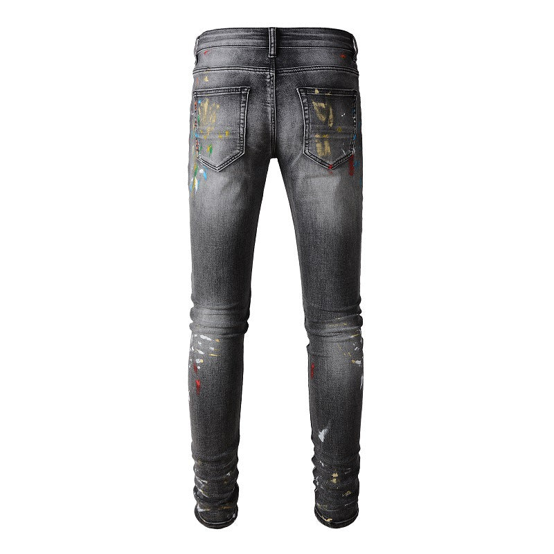 Vaqueros de marca de moda, efecto grafiti, salpicaduras de tinta, rotos, elásticos, ajustados, de mezclilla #1303