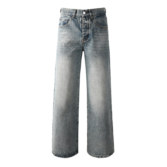 Edgy Men’s Light Wash Loose Fit Jeans with Washed Fade Effect and Light White Paint Splatter Design 101