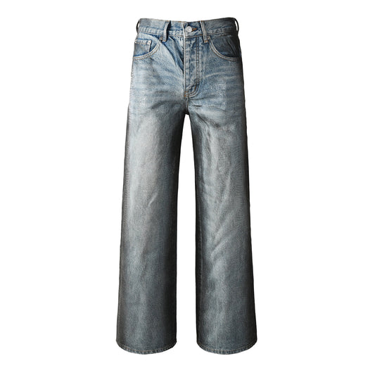 Men’s Light Blue Wide Leg Jeans with Faux Croc Leather Coating Effect and Vintage Washed Street Style 102