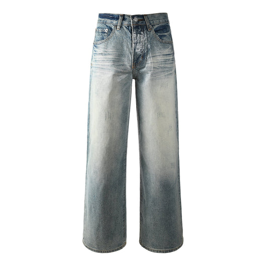 Men’s Light Blue Wide Leg Jeans with Shiny Textured Grid Finish Vintage Street Loose Denim Pants 103