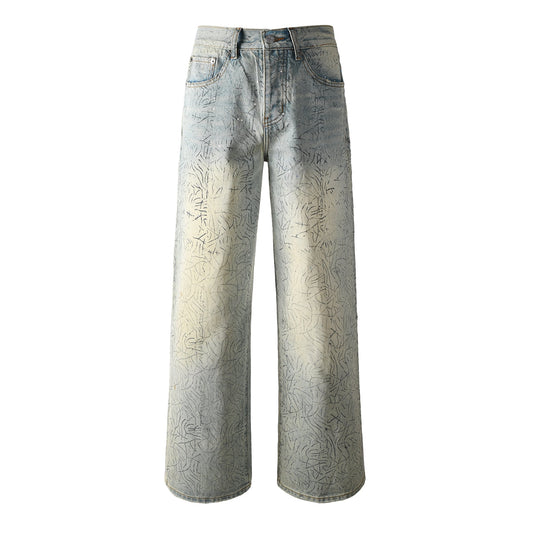 Mens Light Blue Wide Leg Jeans Loose Fit Vintage Wash with Abstract Pattern Streetwear 107