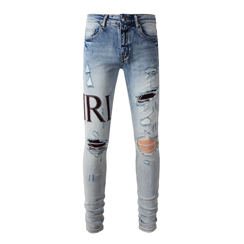 Pantalones vaqueros bordados con letras estilo callejero europeo y americano, vaqueros de alta costura para hombre, ajustados, con bajo pitillo #1301