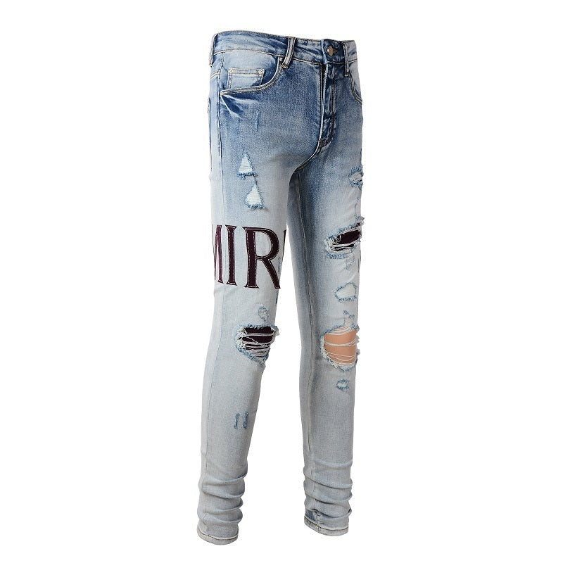 Pantalones vaqueros bordados con letras estilo callejero europeo y americano, vaqueros de alta costura para hombre, ajustados, con bajo pitillo #1301