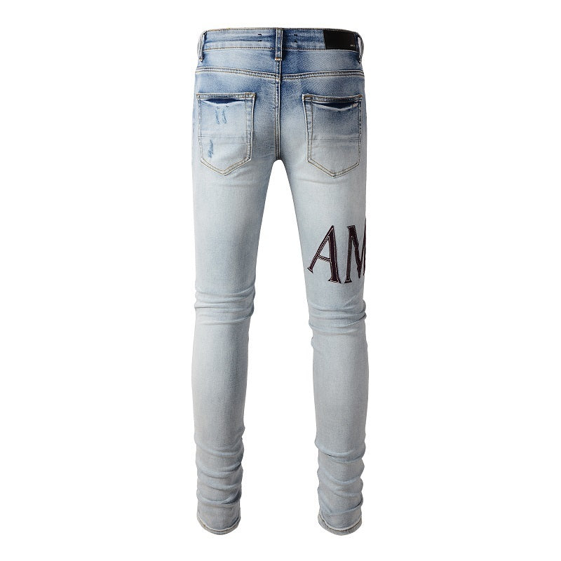 Pantalones vaqueros bordados con letras estilo callejero europeo y americano, vaqueros de alta costura para hombre, ajustados, con bajo pitillo #1301