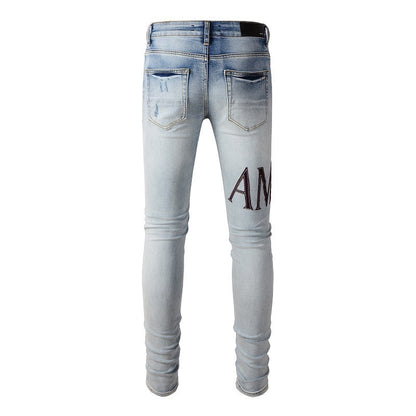 Pantalones vaqueros bordados con letras estilo callejero europeo y americano, vaqueros de alta costura para hombre, ajustados, con bajo pitillo #1301