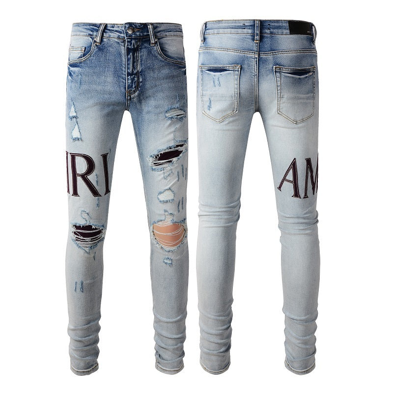 Pantalones vaqueros bordados con letras estilo callejero europeo y americano, vaqueros de alta costura para hombre, ajustados, con bajo pitillo #1301