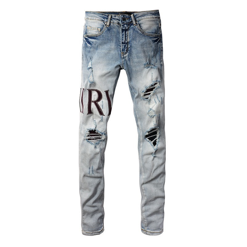 Pantalones vaqueros bordados con letras estilo callejero europeo y americano, vaqueros de alta costura para hombre, ajustados, con bajo pitillo #1301
