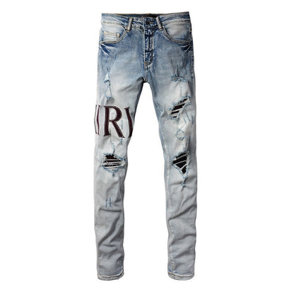 Pantalones vaqueros bordados con letras estilo callejero europeo y americano, vaqueros de alta costura para hombre, ajustados, con bajo pitillo #1301