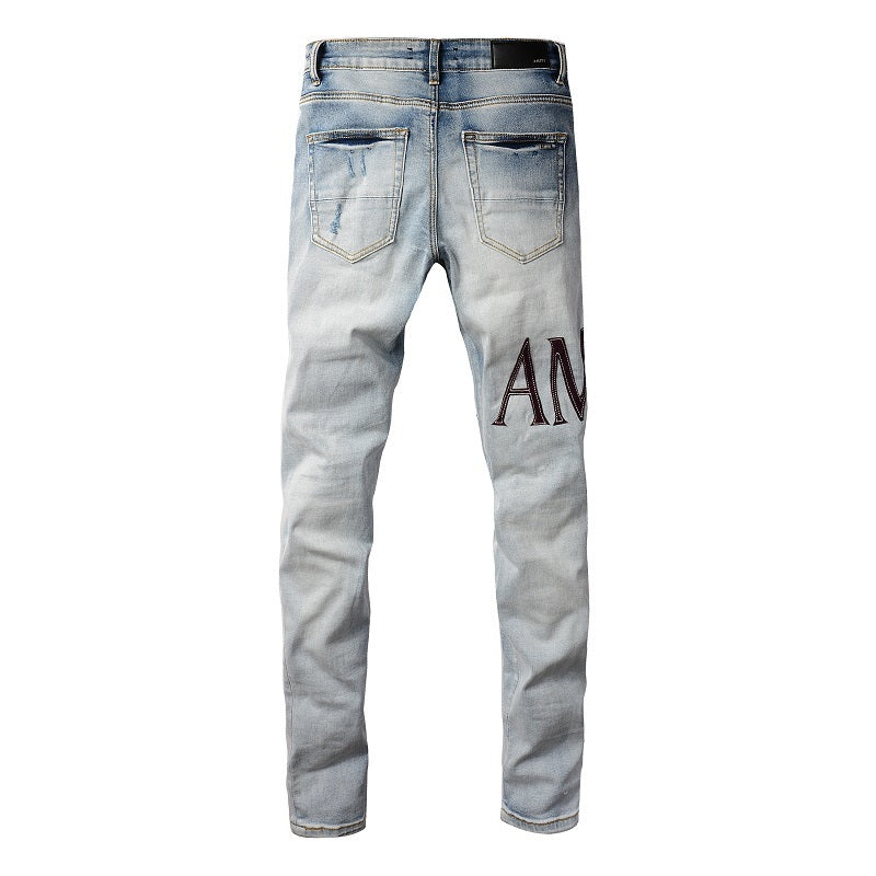 Pantalones vaqueros bordados con letras estilo callejero europeo y americano, vaqueros de alta costura para hombre, ajustados, con bajo pitillo #1301