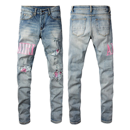 European and American High Street Jeans Men's Ripped Patch Slim and Thin Small Feet Jeans Pants #1316