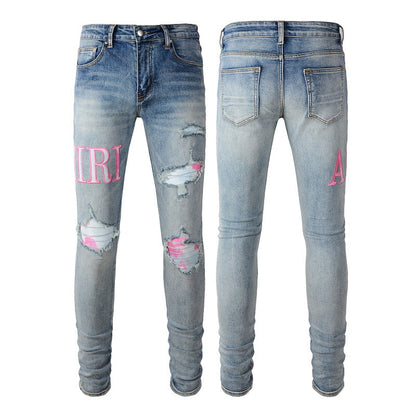 European and American High Street Jeans Men's Ripped Patch Slim and Thin Small Feet Jeans Pants #1316