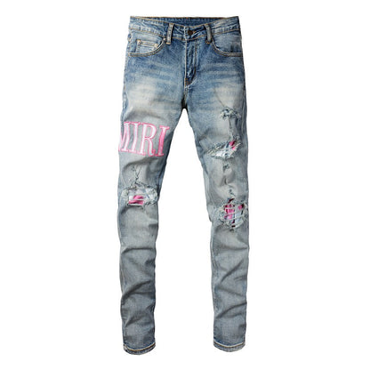 European and American High Street Jeans Men's Ripped Patch Slim and Thin Small Feet Jeans Pants #1316