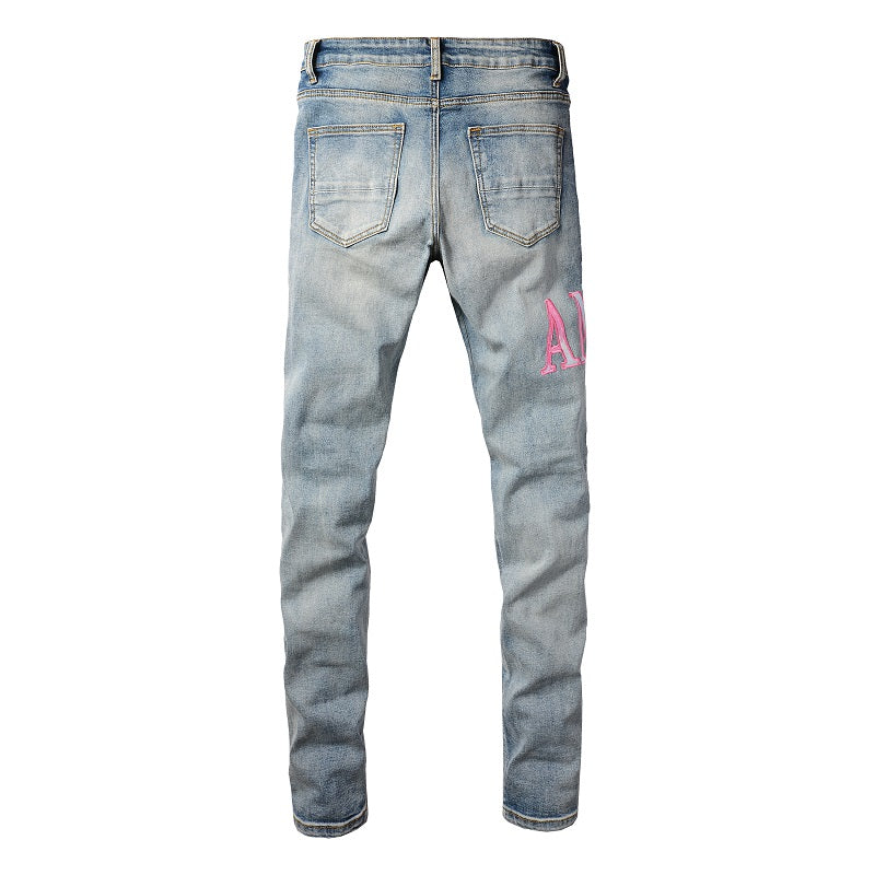 European and American High Street Jeans Men's Ripped Patch Slim and Thin Small Feet Jeans Pants #1316