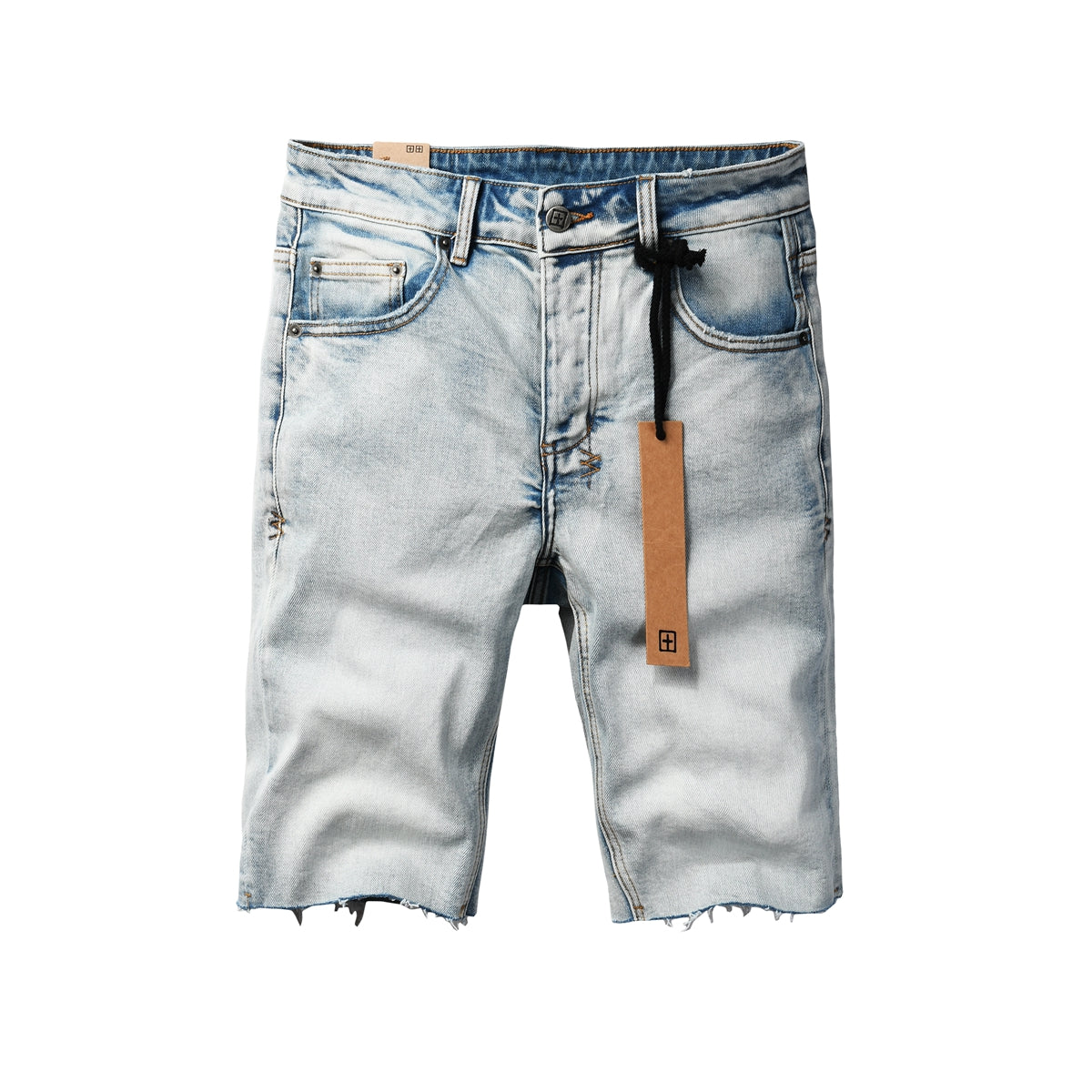 Men Streetwear Denim Shorts Light Blue Washed with Raw Hem and Graphic Patch Back Pocket 2001