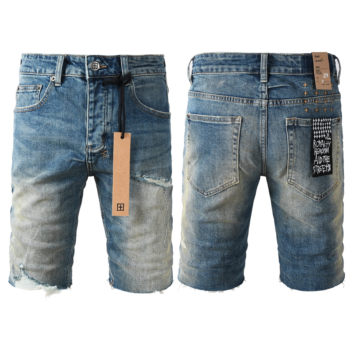Men Streetwear Denim Shorts Blue Washed with Ripped Detail Raw Hem and Graphic Patch 2002