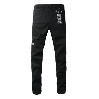 Mid-Rise Black Jeans with Shredded Knees 3005