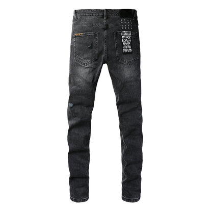 Distressed Black Jeans with Bold Square Patch Details 3021