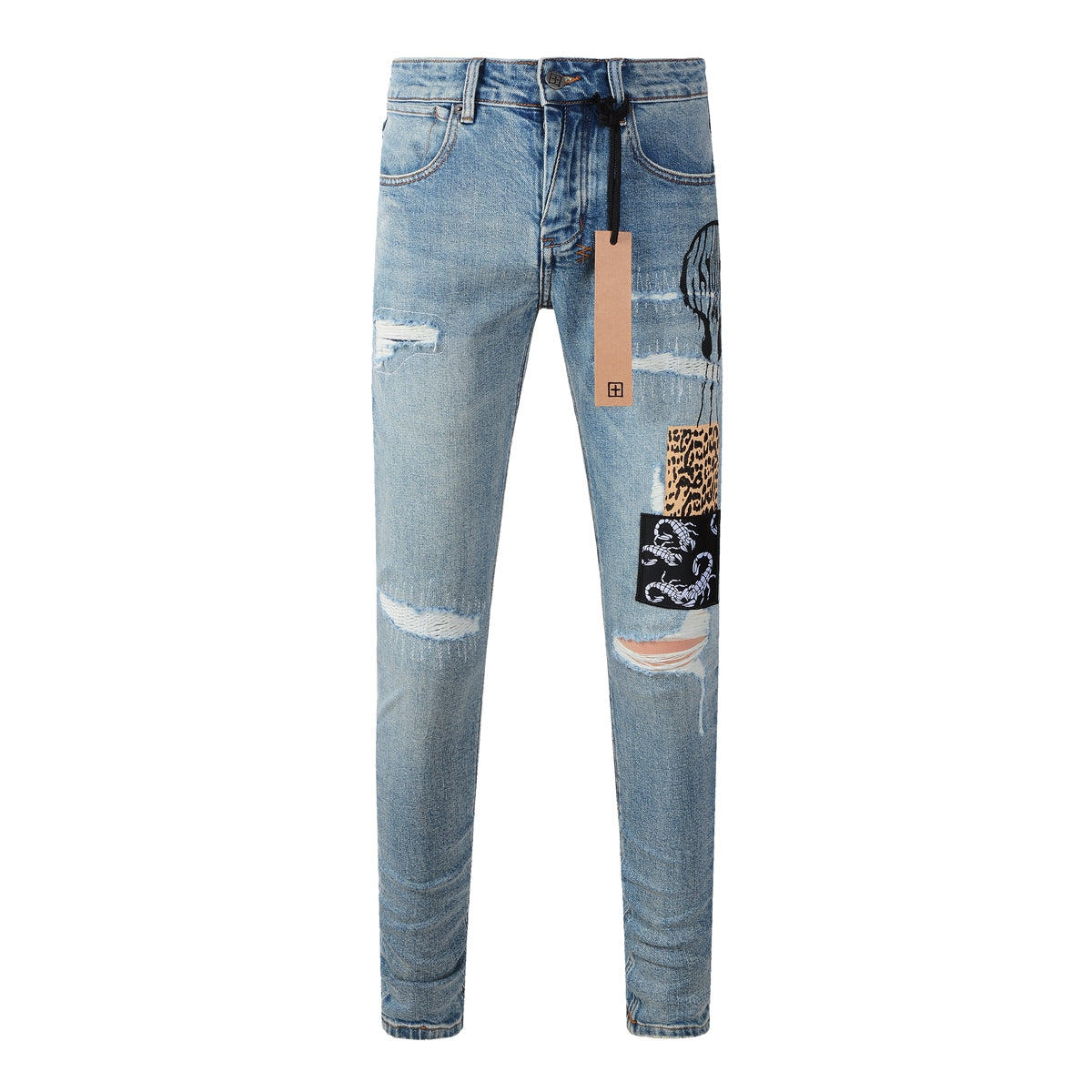 Jeans pitillo UltraFlex de tiro medio y efecto moldeador con detalles de parches cuadrados atrevidos 3022