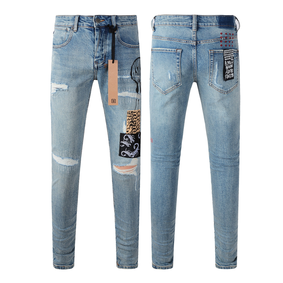 Jeans pitillo UltraFlex de tiro medio y efecto moldeador con detalles de parches cuadrados atrevidos 3022