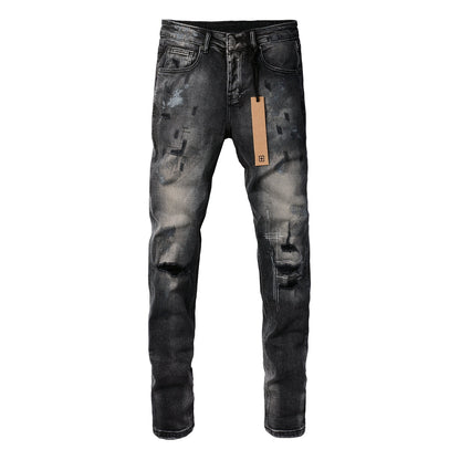 Street Style Black Ripped Jeans with Frayed Knee Accents 3027