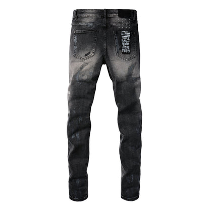 Street Style Black Ripped Jeans with Frayed Knee Accents 3027