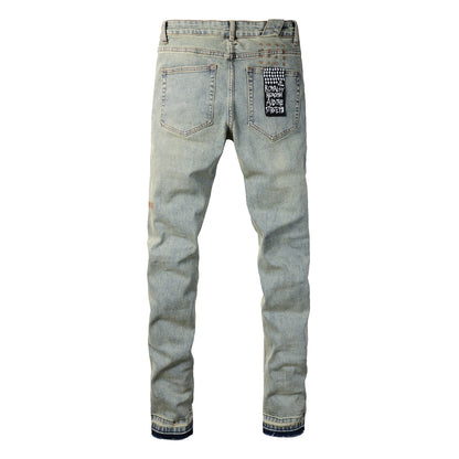 Modern Light Blue Denim with Artistic Smoking Skull Detail 3028