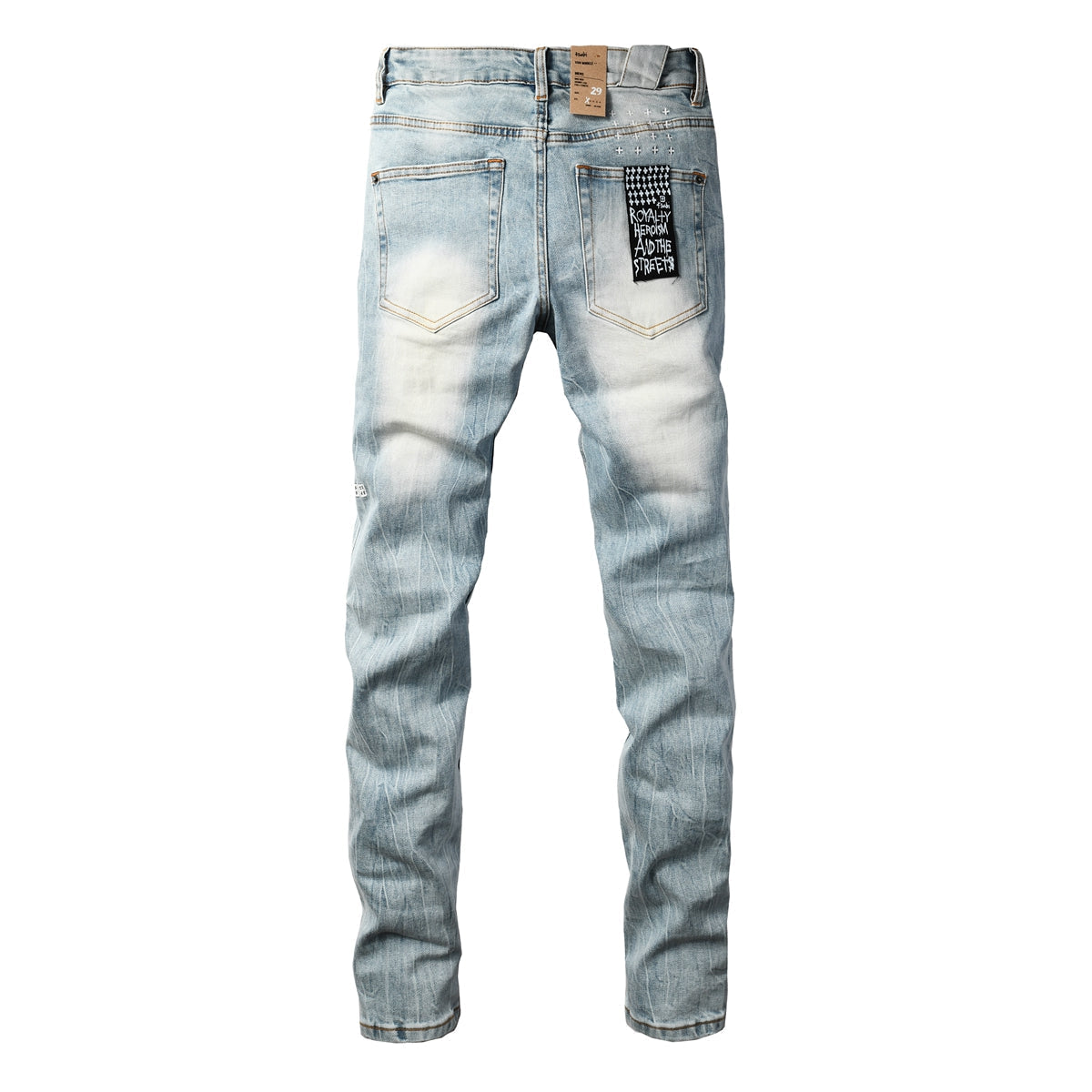 Vaqueros de Hombre Streetwear Azul Claro Lavado con Letras Bordadas, Detalles Desgastados y Parche Gráfico 3030