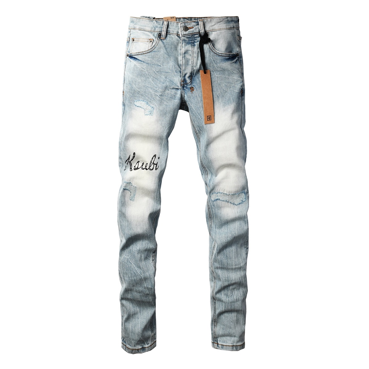 Vaqueros de Hombre Streetwear Azul Claro Lavado con Letras Bordadas, Detalles Desgastados y Parche Gráfico 3030