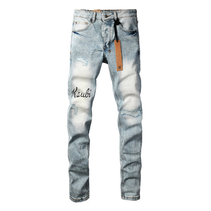 Vaqueros de Hombre Streetwear Azul Claro Lavado con Letras Bordadas, Detalles Desgastados y Parche Gráfico 3030