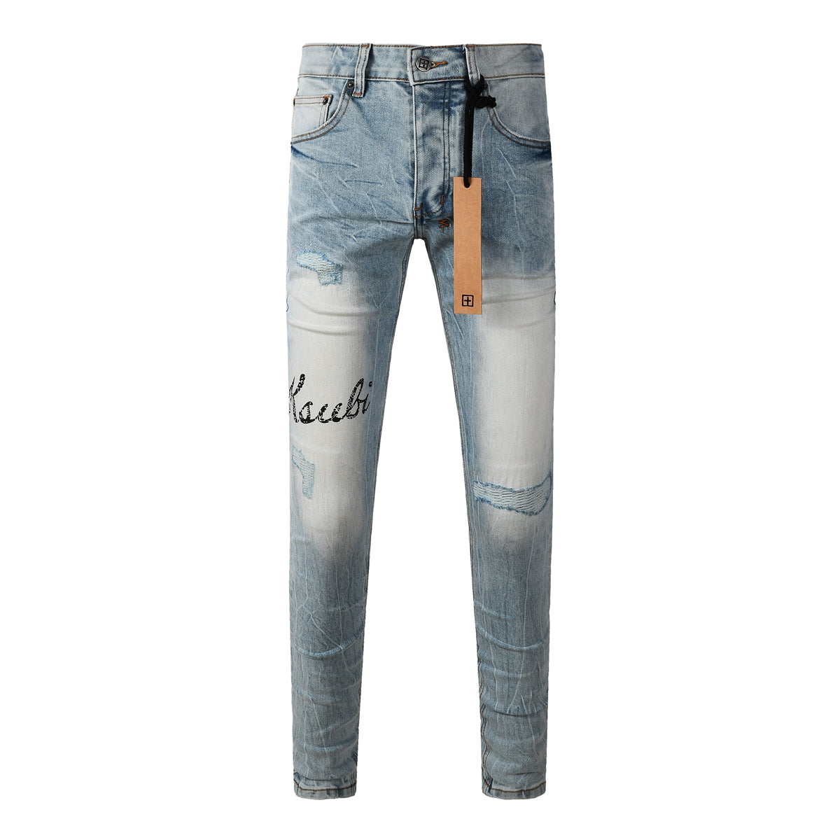 Vaqueros de Hombre Streetwear Azul Claro Lavado con Letras Bordadas, Detalles Desgastados y Parche Gráfico 3030