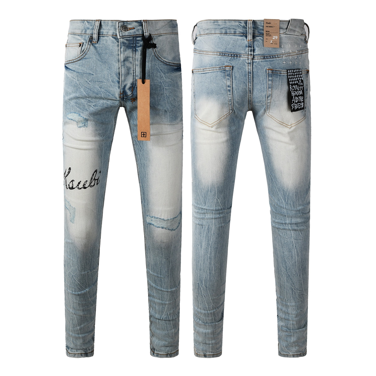 Vaqueros de Hombre Streetwear Azul Claro Lavado con Letras Bordadas, Detalles Desgastados y Parche Gráfico 3030
