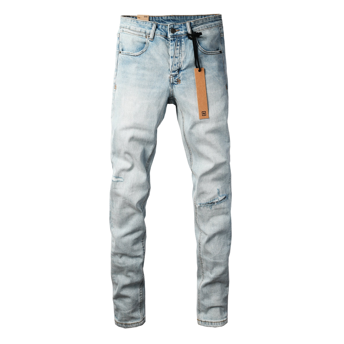 Jeans streetwear para hombre lavados azul claro con detalles mínimos desgastados y parche gráfico 3031