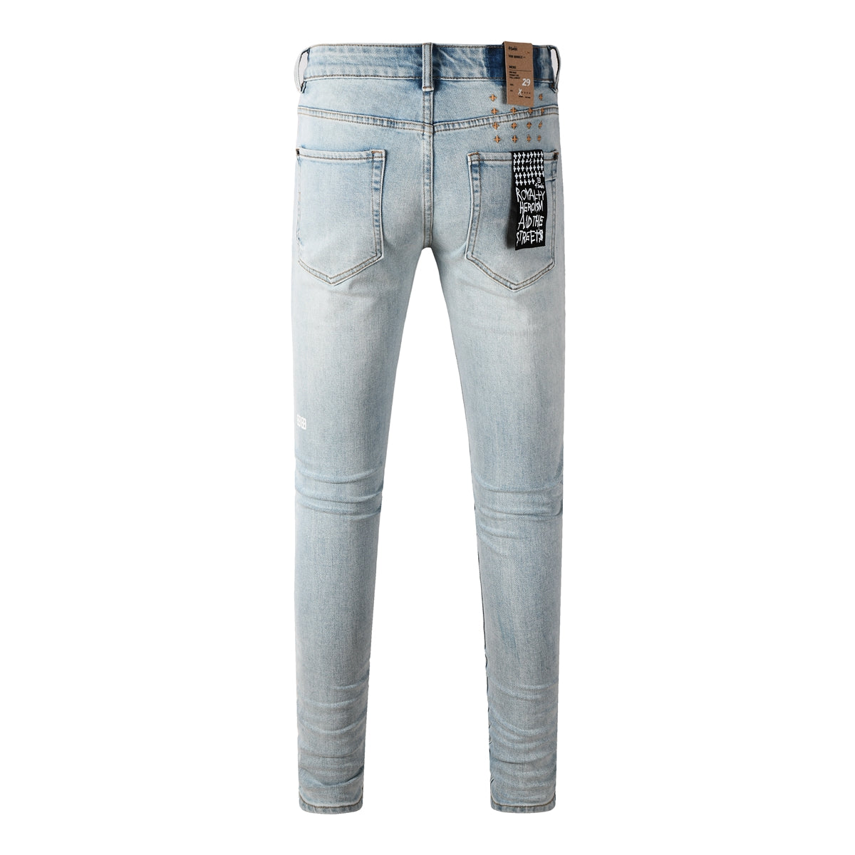Jeans streetwear para hombre lavados azul claro con detalles mínimos desgastados y parche gráfico 3031