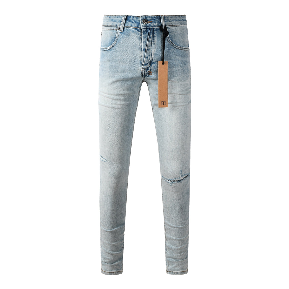 Jeans streetwear para hombre lavados azul claro con detalles mínimos desgastados y parche gráfico 3031
